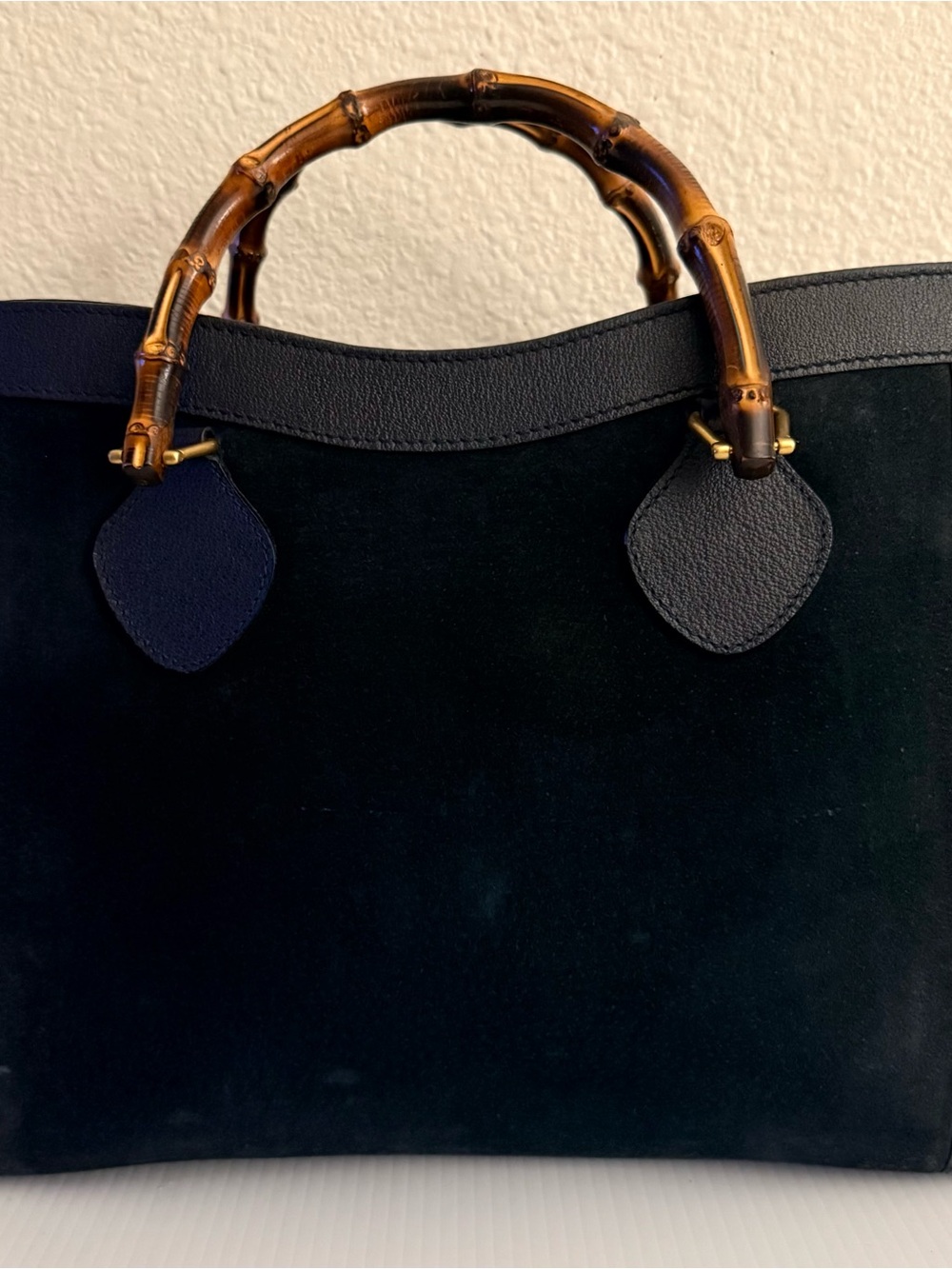 Gucci Navy Suede Tote with Bamboo Handles